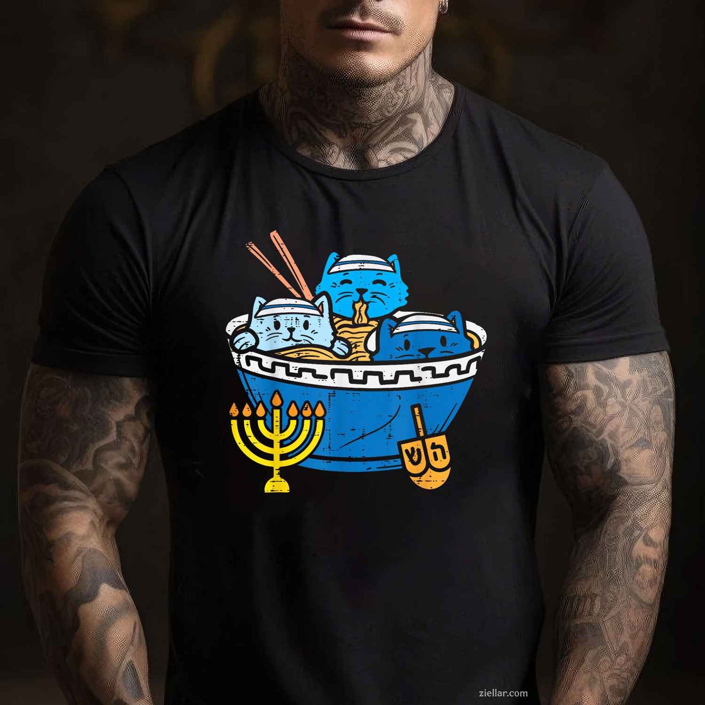 Jewish Cats Ramen Kitten Anime Hanukkah Pajamas Chanukah Pjs T-Shirt_ Funny Pajama Tee For All