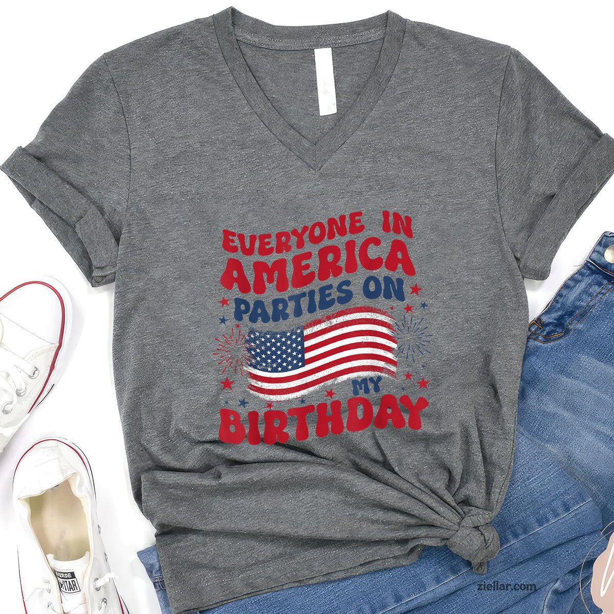 July 4th Birthday V-Neck Shirt, Patriotic USA Independence Day Gift