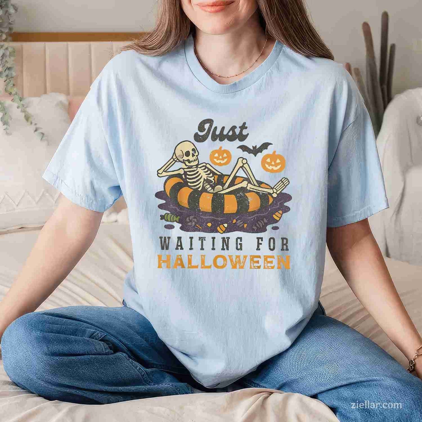 Just Waiting for Halloween Funny Skeleton Spooky Summerween Tee, Halloween T-Shirt for Men Women Adults Unisex, Vintage Retro Graphic, Funny Novelty Gift