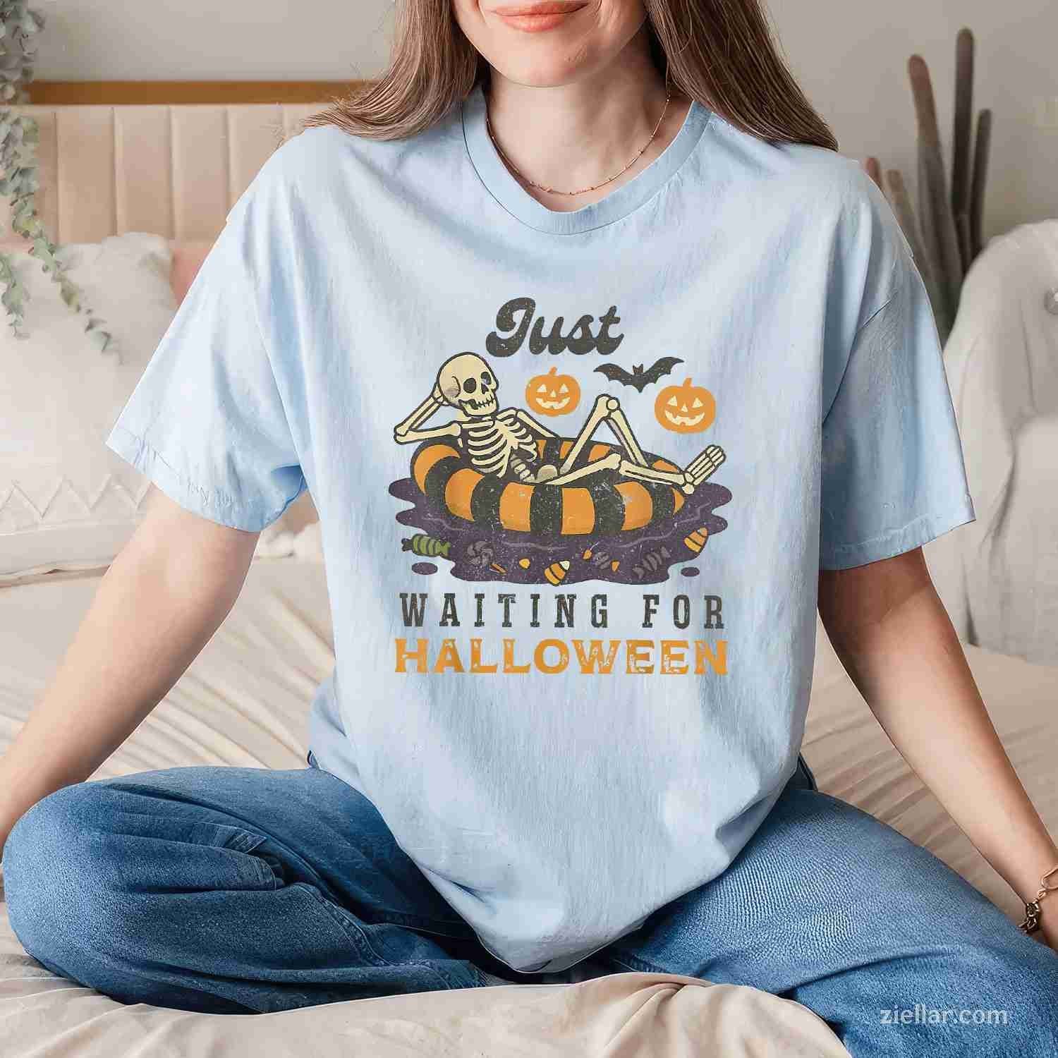 Just Waiting for Halloween Funny Skeleton Spooky Summerween Tee, Halloween T-Shirt for Men Women Adults Unisex, Vintage Retro Graphic, Funny Novelty Gift