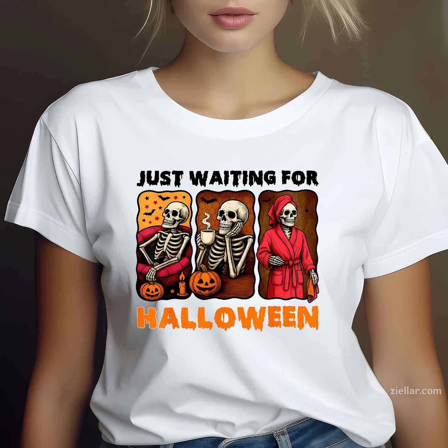Just Waiting for Halloween Funny Skeleton Spooky Summerween Tee, Halloween T-Shirt for Men Women Adults Unisex, Aesthetic Streetwear Top, Soft Cotton Premium Print