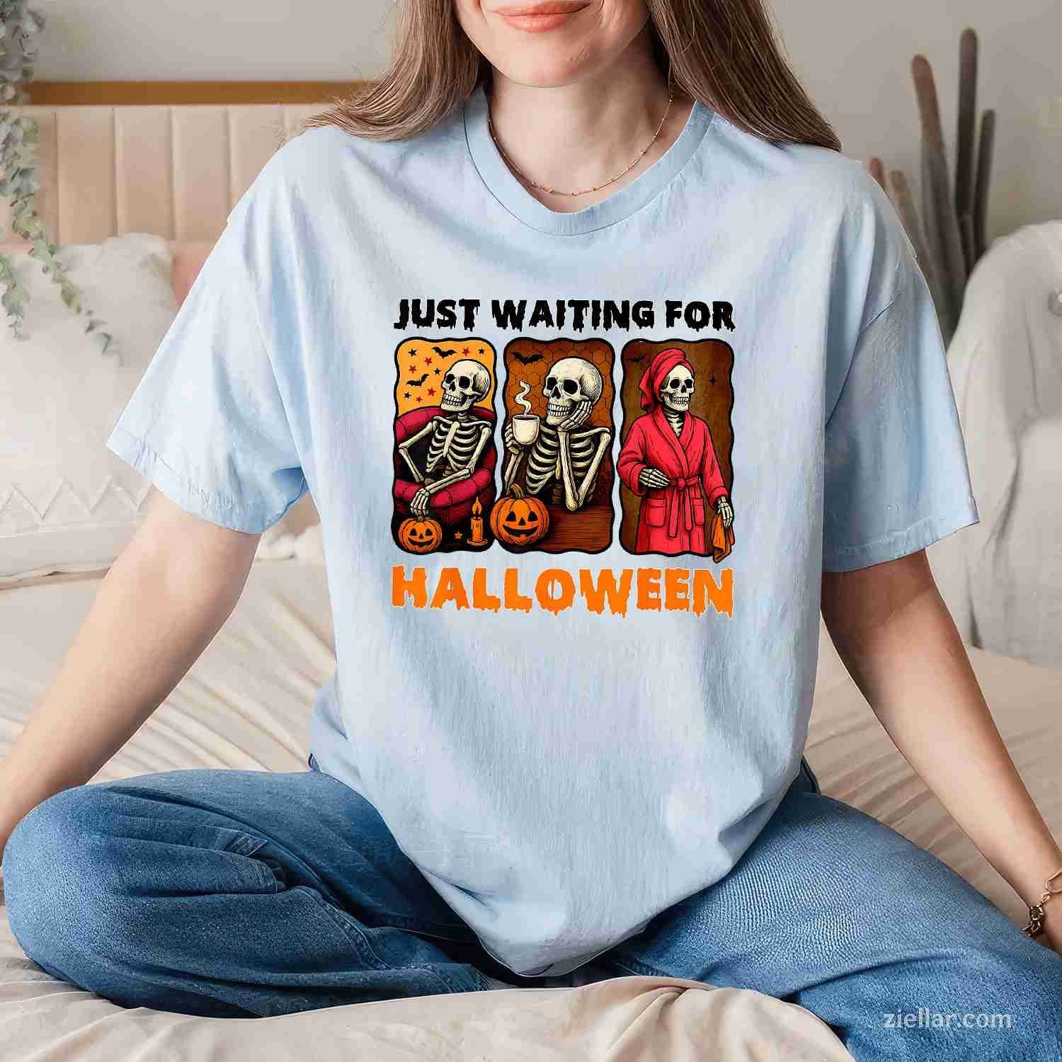 Just Waiting for Halloween Funny Skeleton Spooky Summerween Tee, Halloween T-Shirt for Men Women Adults Unisex, Aesthetic Streetwear Top, Soft Cotton Premium Print