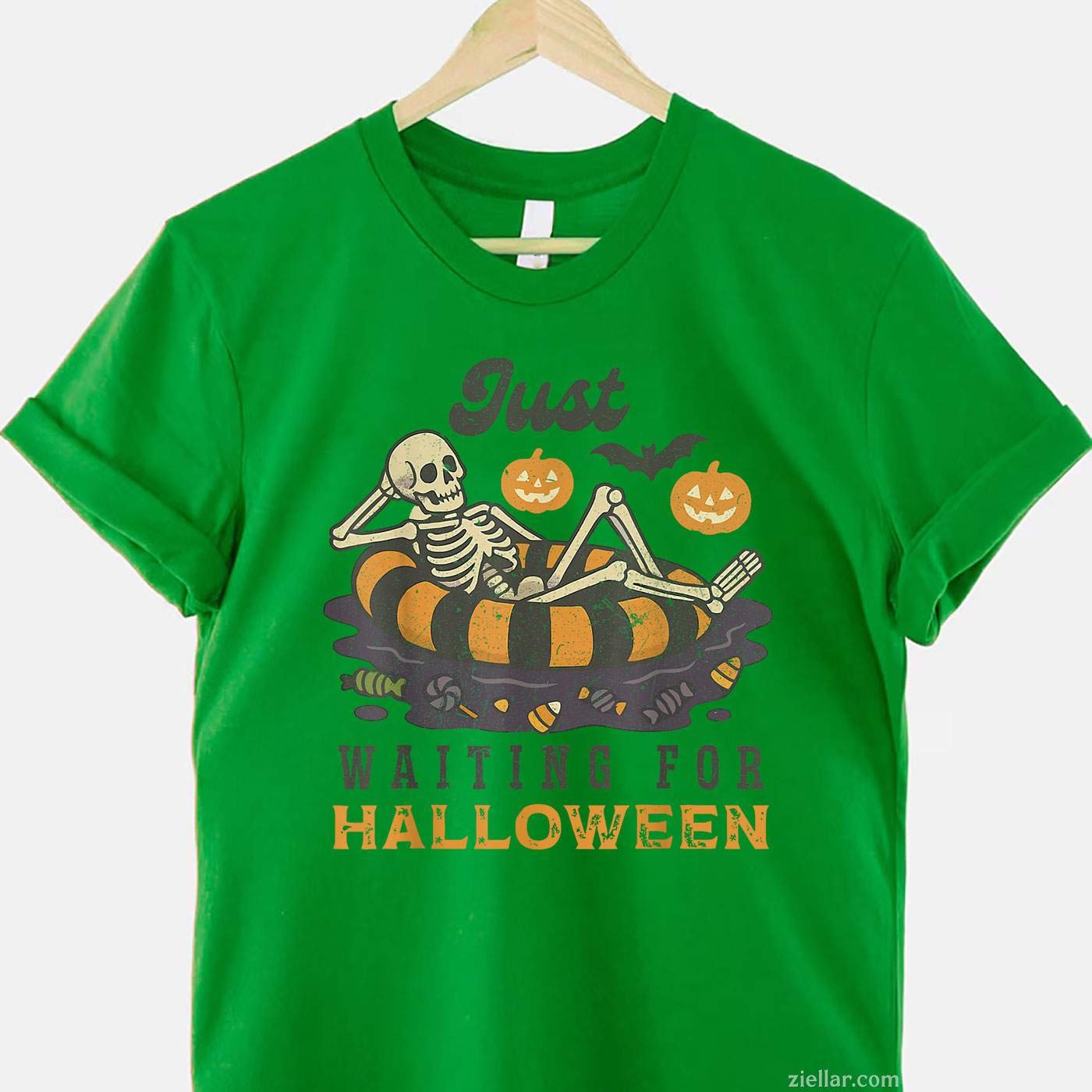 Just Waiting for Halloween Funny Skeleton Spooky Summerween Tee, Halloween T-Shirt for Men Women Adults Unisex, Vintage Retro Graphic, Funny Novelty Gift