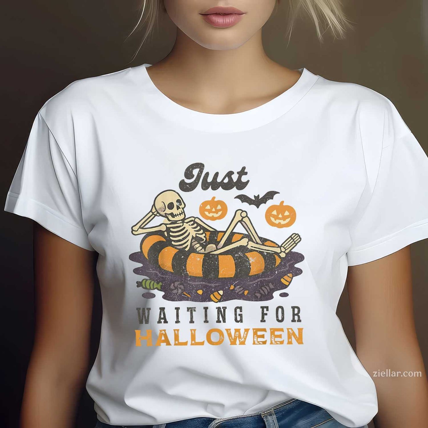 Just Waiting for Halloween Funny Skeleton Spooky Summerween Tee, Halloween T-Shirt for Men Women Adults Unisex, Vintage Retro Graphic, Funny Novelty Gift