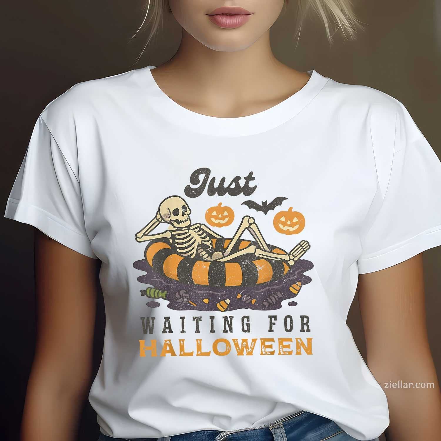 Just Waiting for Halloween Funny Skeleton Spooky Summerween Tee, Halloween T-Shirt for Men Women Adults Unisex, Vintage Retro Graphic, Funny Novelty Gift