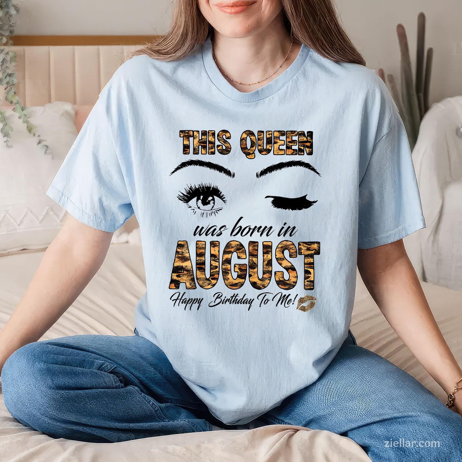 Leopard Print Queen Born in August Tee and T-Shirt, Birthday Gift T-Shirt for Women Adults