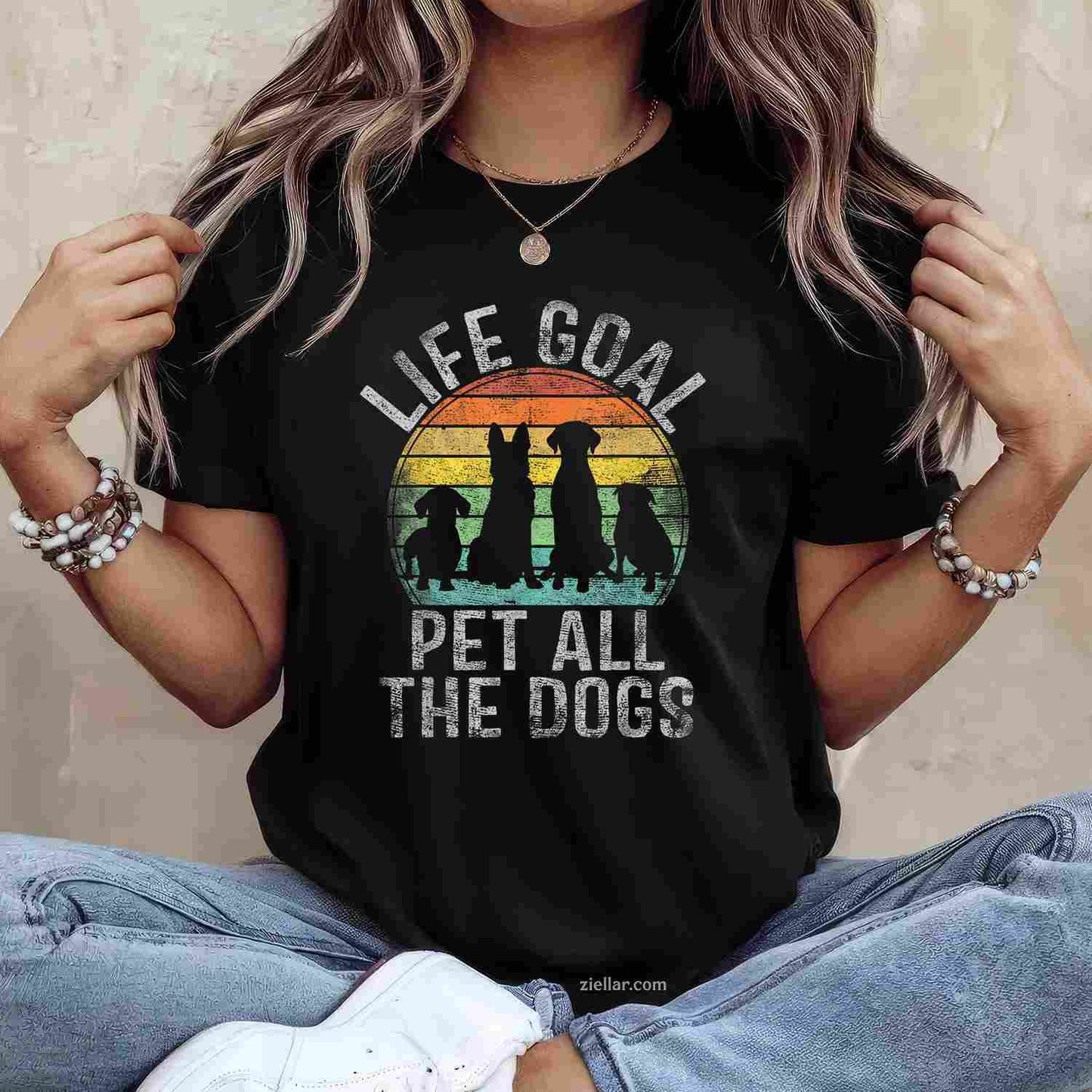 Life Goal Pet All The Dogs T-Shirt, Funny Graphic Tee For Women, Dog Lover Adults