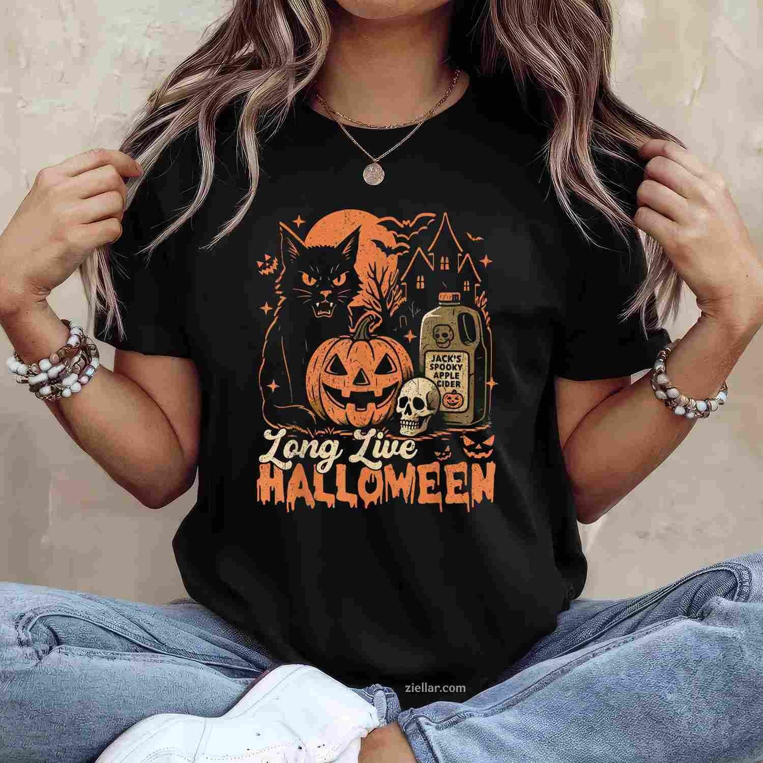 Long Live Halloween Funny Pumpkin Halloween Black Cat Tee, Halloween T-Shirt for Men Women Adults Unisex, Cool Casual Street Style, Premium Quality