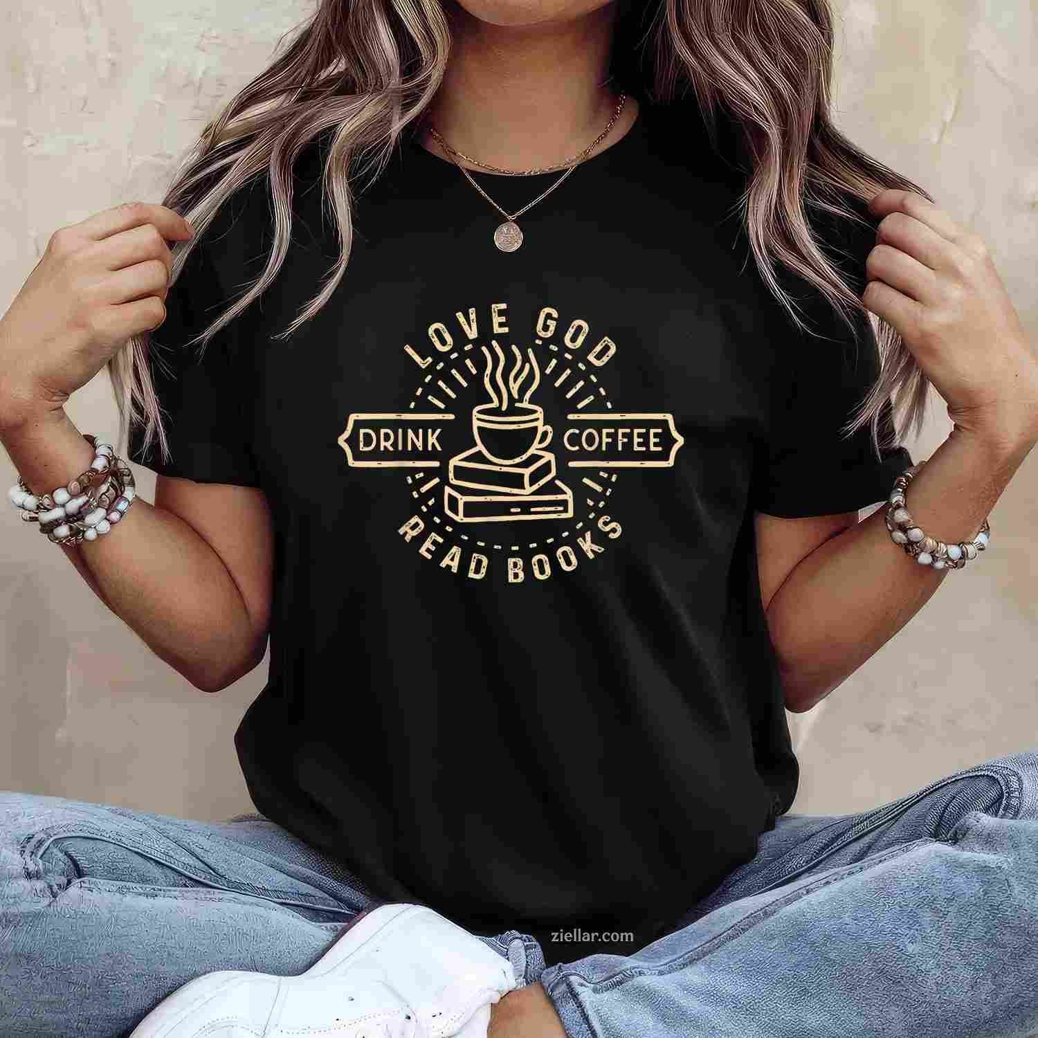 Love God Drink Coffee Read Books Lovers Vintage Christian T-Shirt