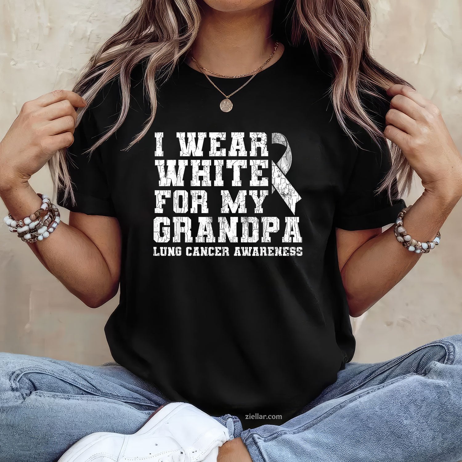 Lung Cancer Awareness White Ribbon Grandpa Gift T-Shirt