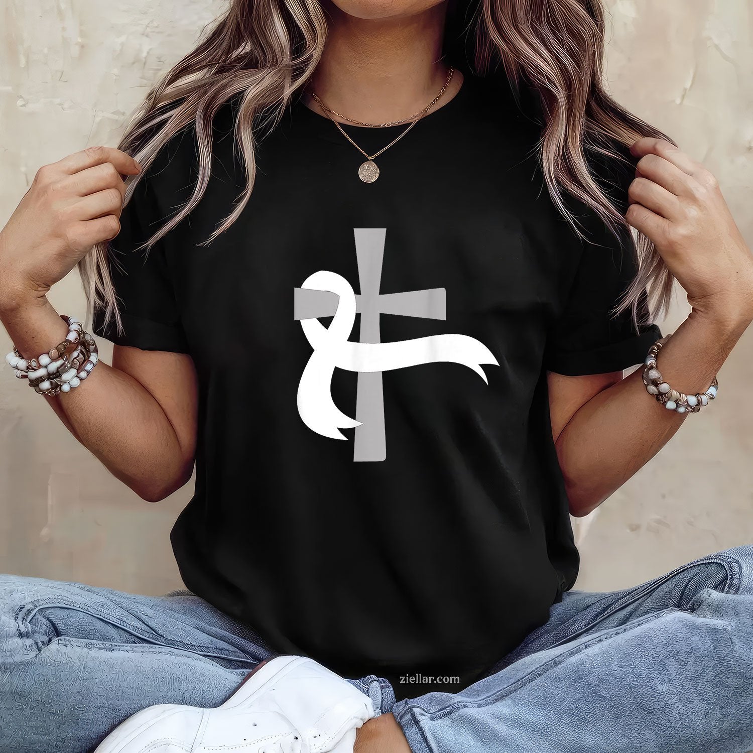 Lung Cancer Awareness White Ribbon Jesus Cross Tee and T-Shirt, Lung Cancer Awareness Support T-Shirt for Men and Women Adults