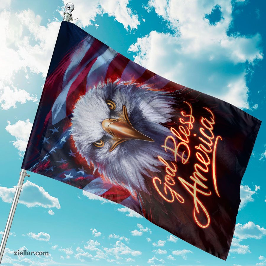 Majestic Bald Eagle with Flowing American Flag Patriotic USA Symbol Artwork