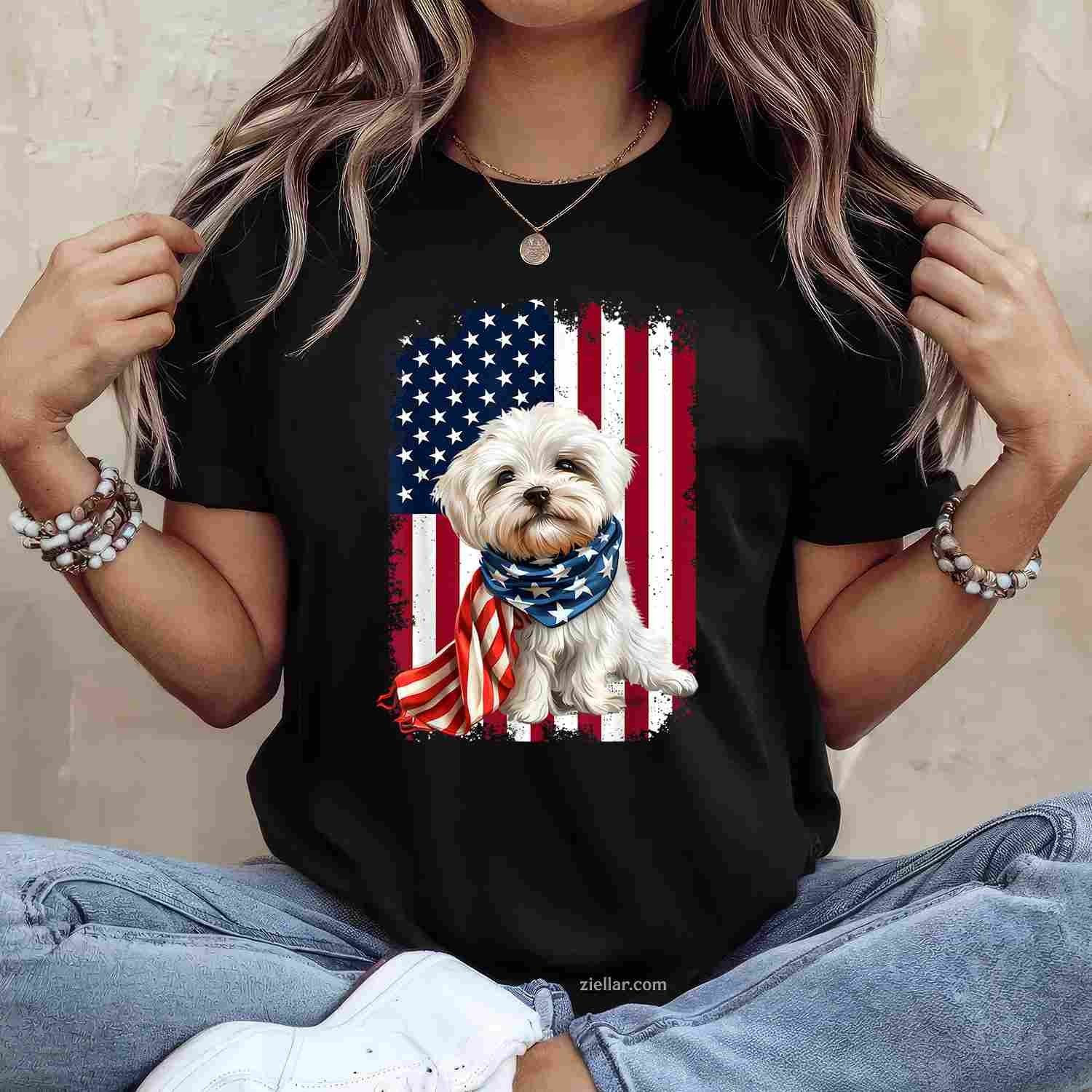 Maltese Dog American Flag T-Shirt, 4Th Of July Maltese Dog Lovers Vintage Graphic Tee For Adults