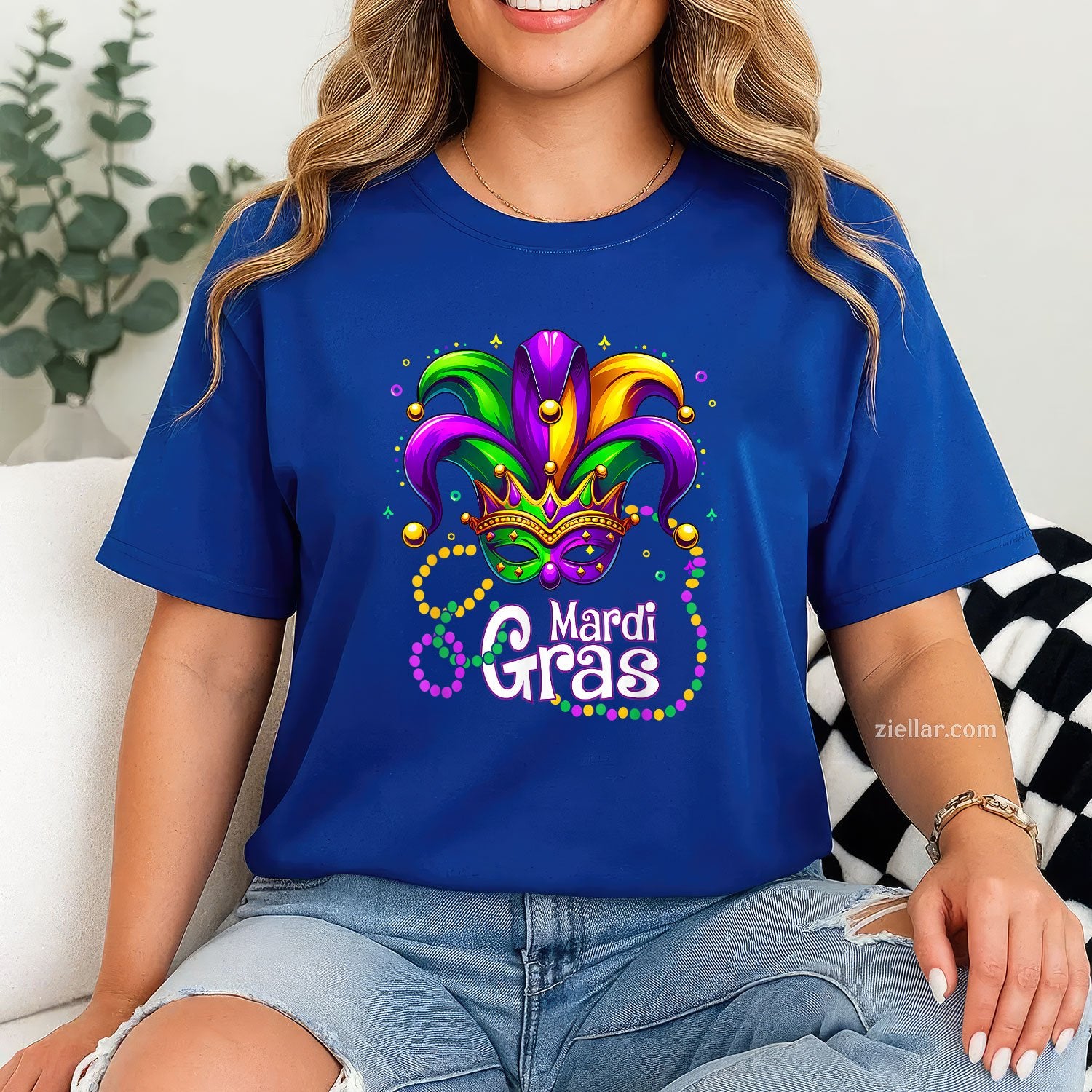 Mardi Gras Beads Mask Tee and T-Shirt, Carnival T-Shirt for Men and Women with Feathers and Hat