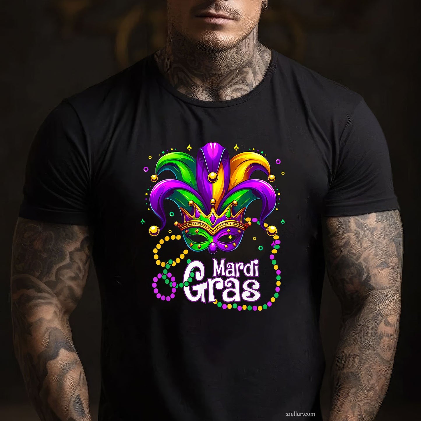 Mardi Gras Beads Mask Tee and T-Shirt, Carnival T-Shirt for Men and Women with Feathers and Hat