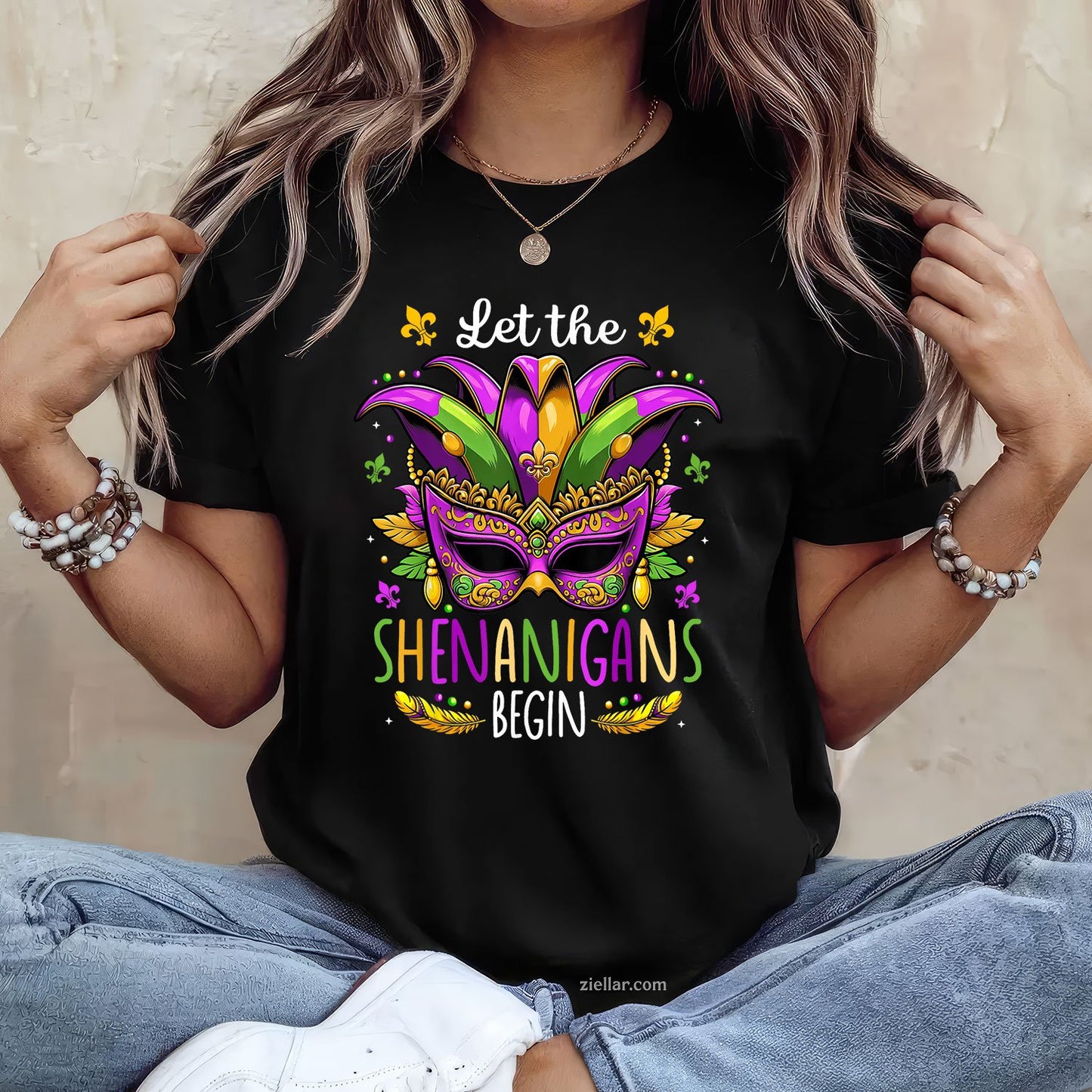 Mardi Gras Mask and Beads Tee and T-Shirt, Let the Shenanigans Begin T-Shirt for Men and Women Adults
