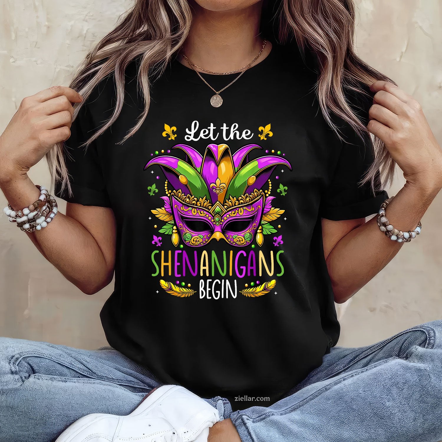 Mardi Gras Mask and Beads Tee and T-Shirt, Let the Shenanigans Begin T-Shirt for Men and Women Adults