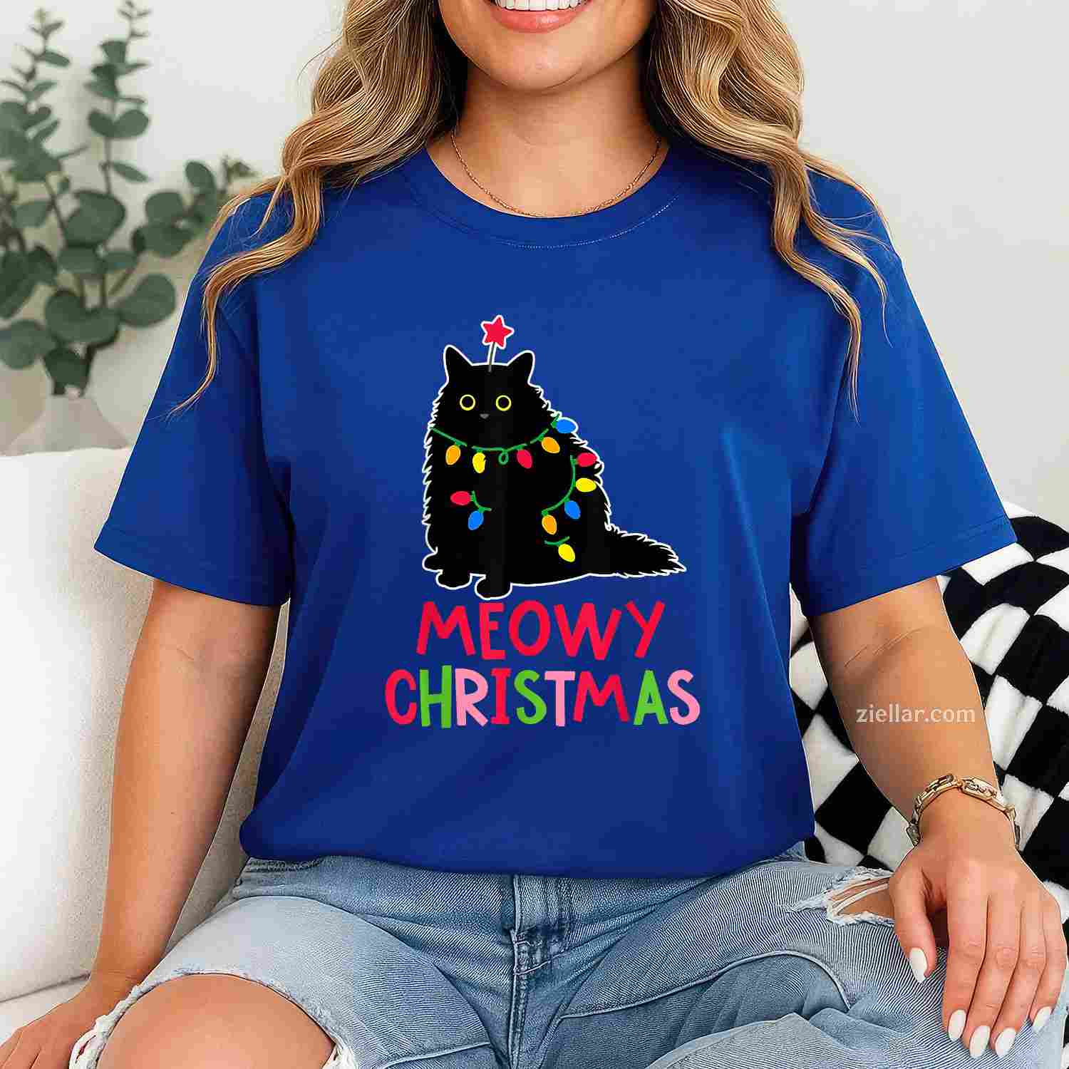 Meowy Christmas Xmas Lights Black Cat Pajamas Family Funny Men Women T-Shirt, A Funny Meowy Christmas Black Cat Pajamas Tee
