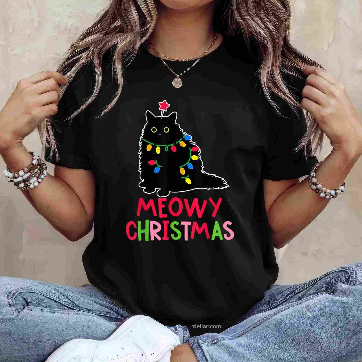 Meowy Christmas Xmas Lights Black Cat Pajamas Family Funny Men Women T-Shirt, A Funny Meowy Christmas Black Cat Pajamas Tee