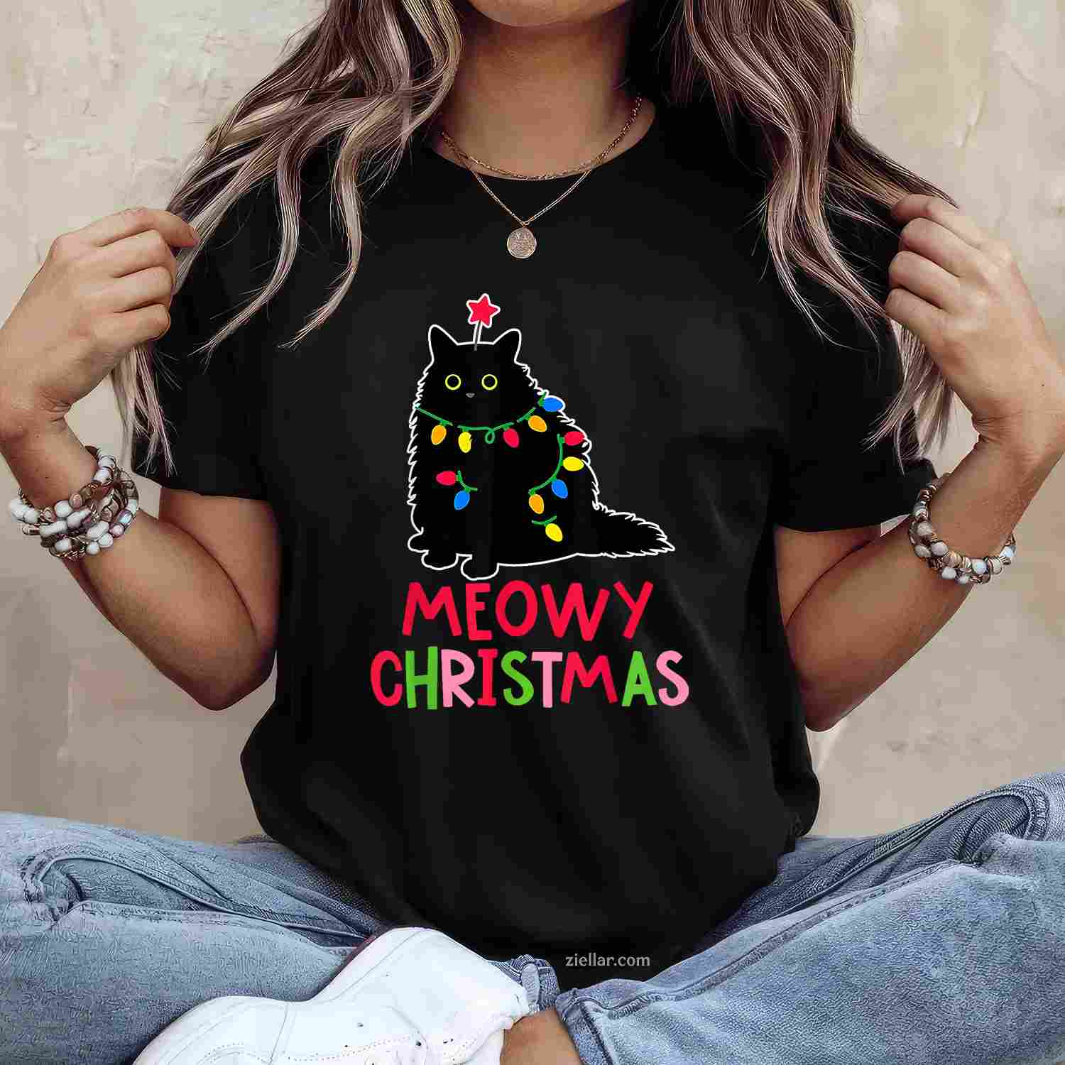 Meowy Christmas Xmas Lights Black Cat Pajamas Family Funny Men Women T-Shirt, A Funny Meowy Christmas Black Cat Pajamas Tee