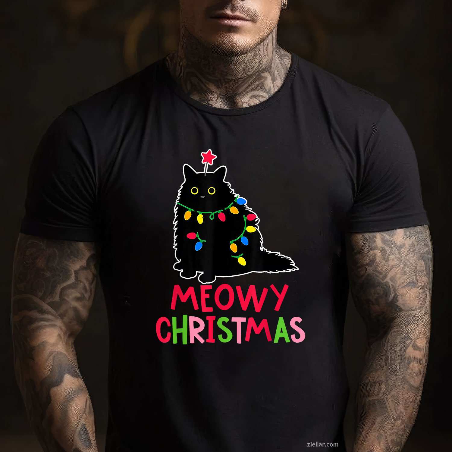 Meowy Christmas Xmas Lights Black Cat Pajamas Family Funny Men Women T-Shirt, A Funny Meowy Christmas Black Cat Pajamas Tee