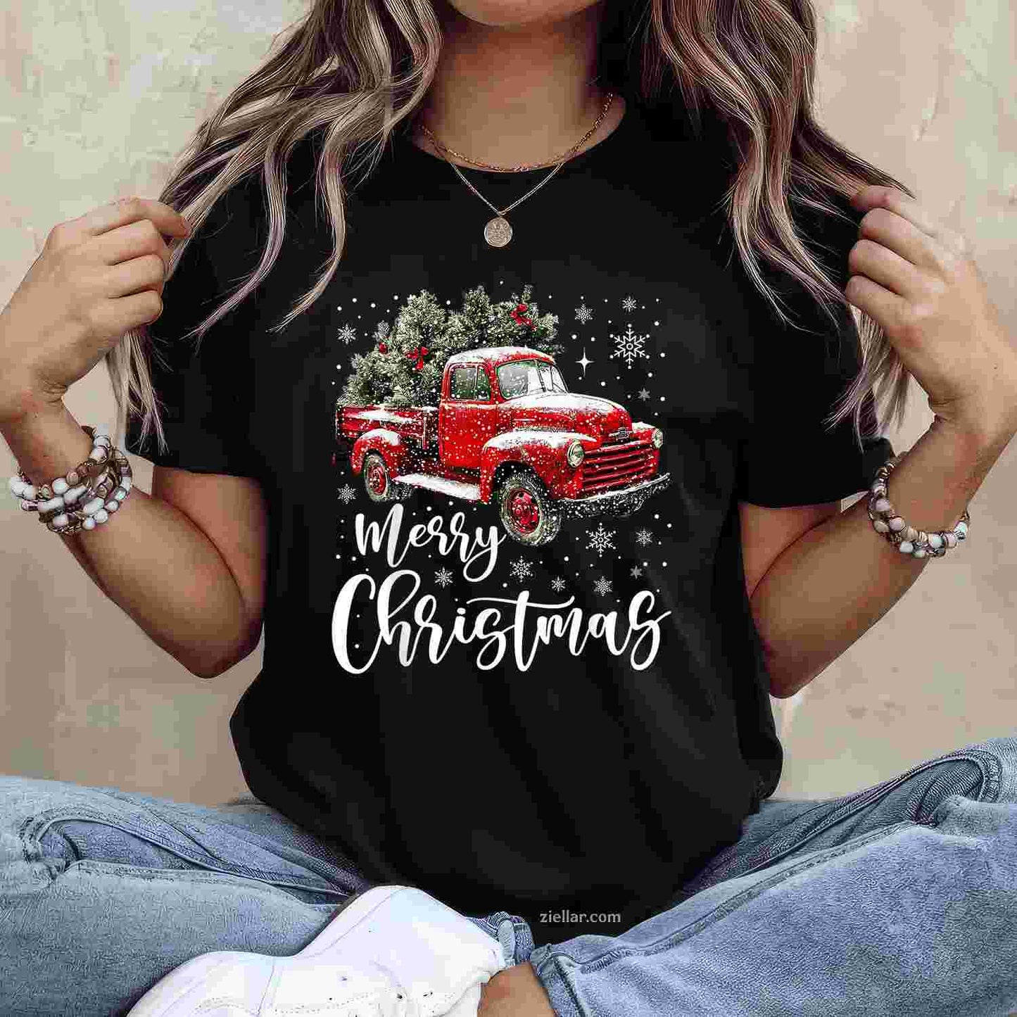 Merry Christmas Red Truck Family Matching Christmas Pajama T-Shirt, A Red Truck Family Matching Christmas Tee