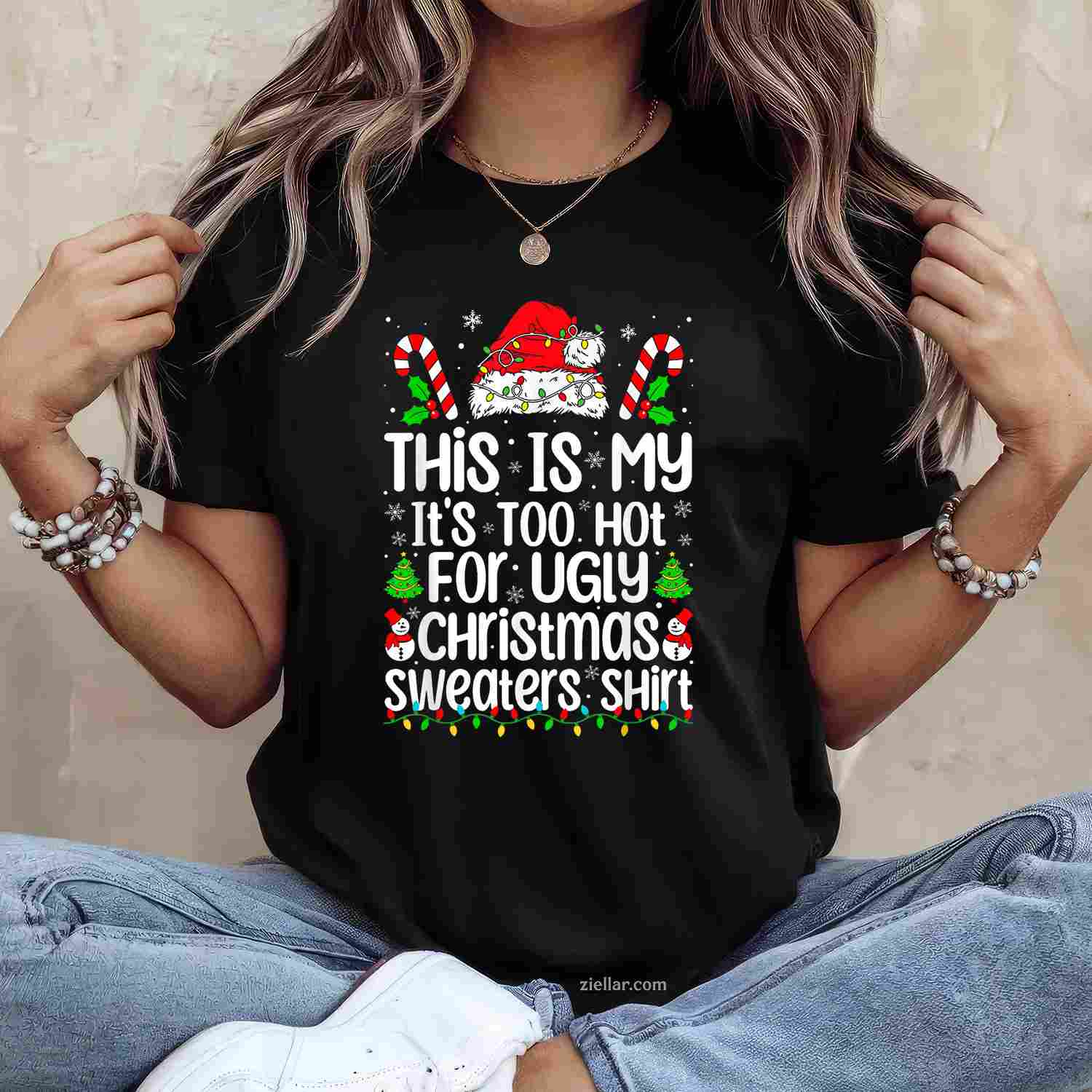 Merry Christmas Lights Red Santa Hat Xmas Family Men Women T-Shirt_ A Great Holiday Party Tee For Adults