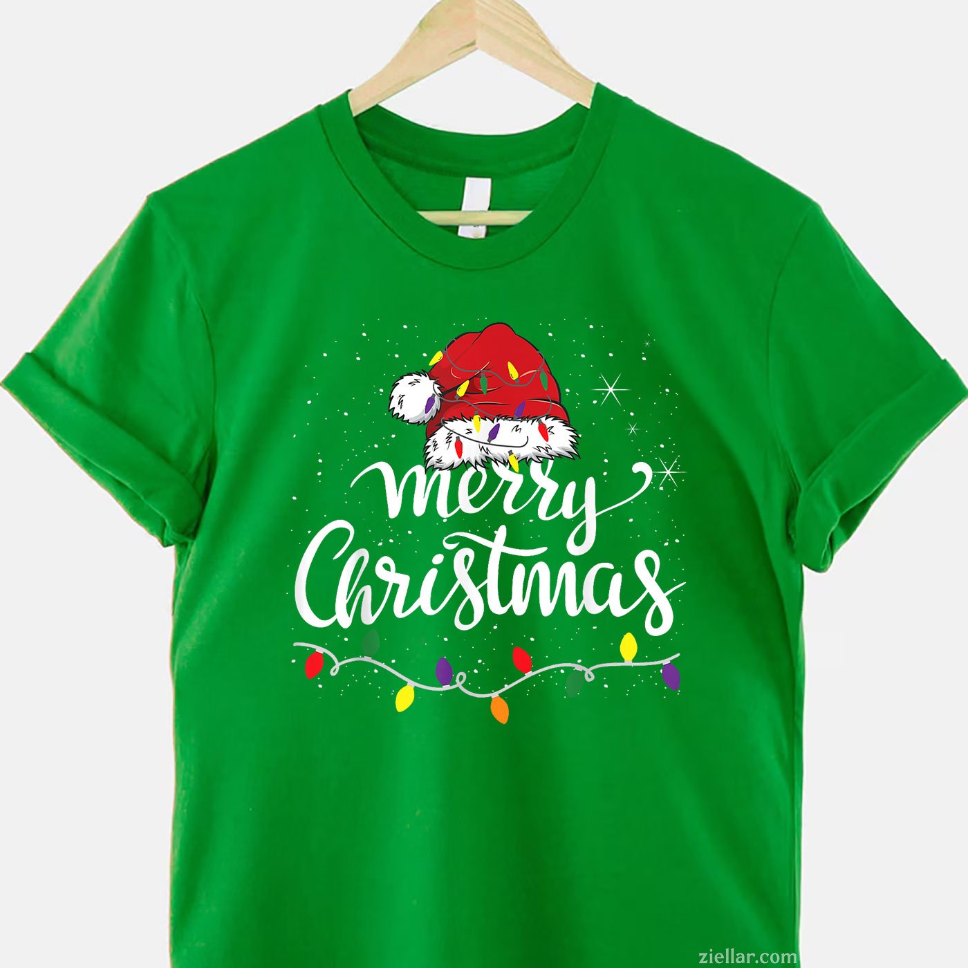 Merry Christmas Lights Tee and T-Shirt, Santa Hat Family Holiday T-Shirt for Adults