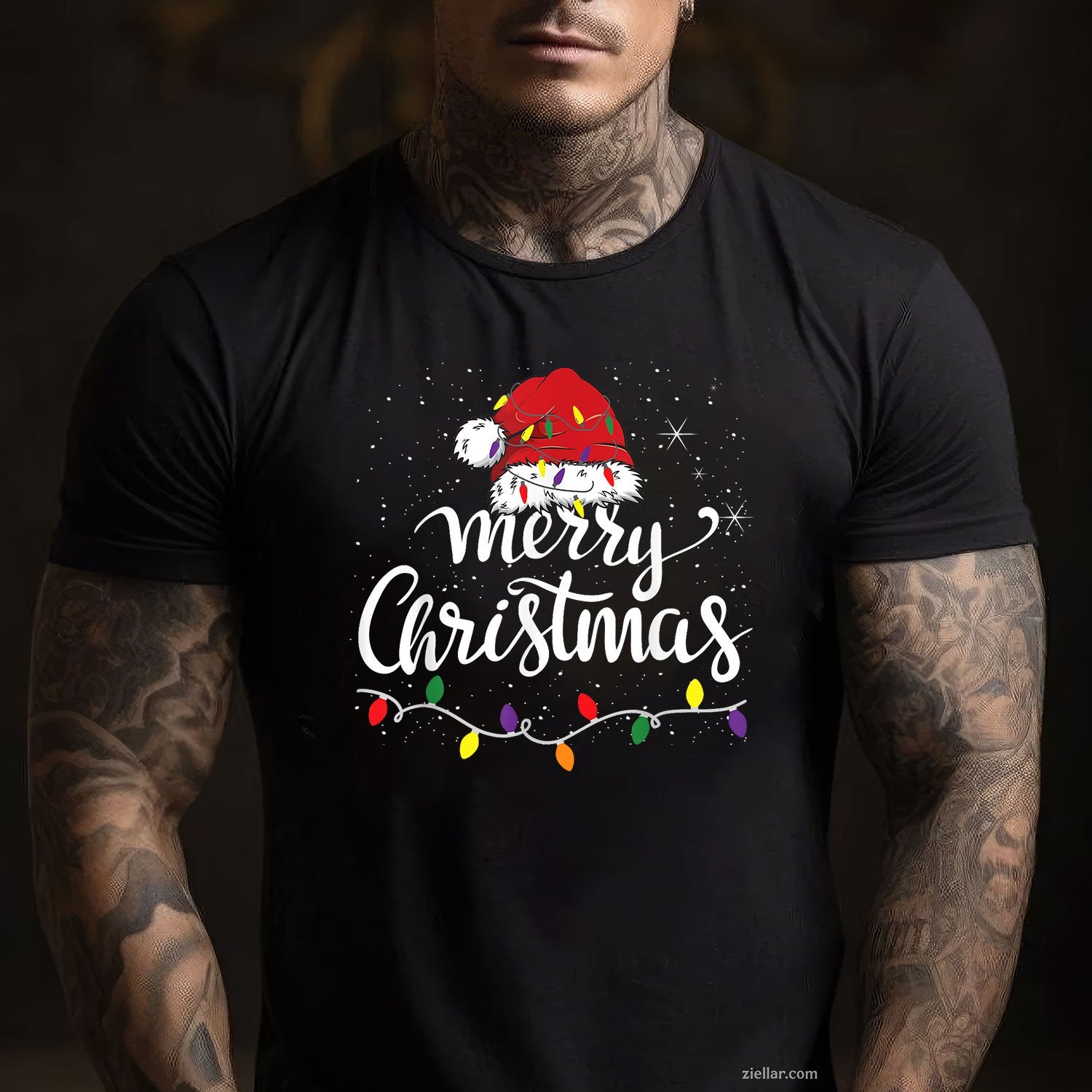 Merry Christmas Lights Tee and T-Shirt, Santa Hat Family Holiday T-Shirt for Adults