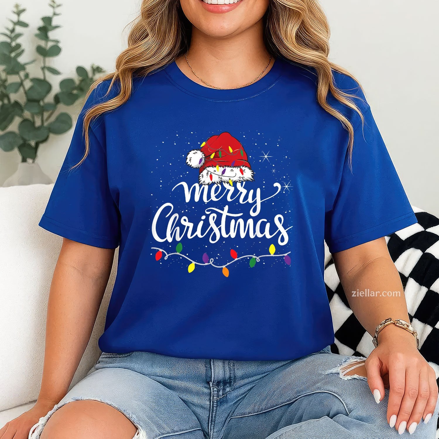Merry Christmas Lights Tee and T-Shirt, Santa Hat Family Holiday T-Shirt for Adults