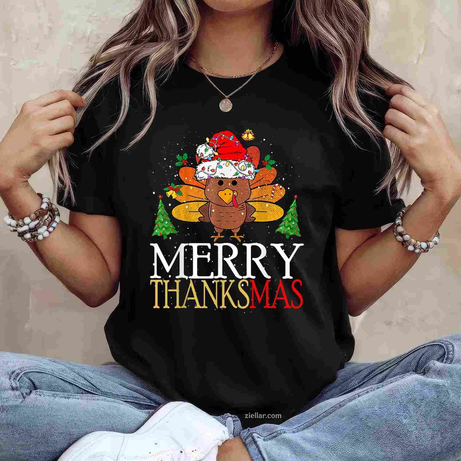 Merry Thanksmas Happy Thanksgiving Santa Turkey Tee, Thanksgiving T-Shirt for Men Women Adults Unisex, Classic Fit Unisex Design, Everyday Wear Essential