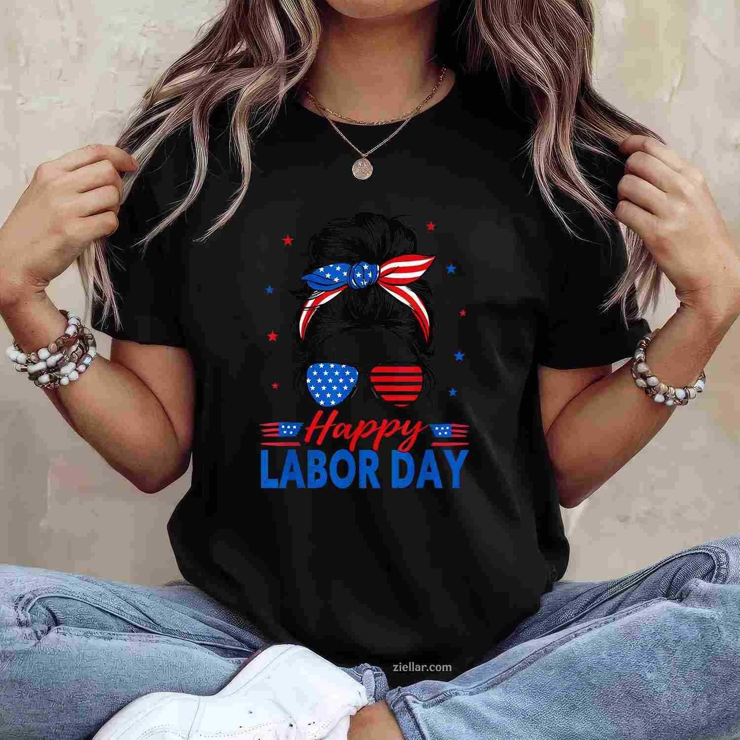 Messy Bun Labor Day USA Flag T-Shirt Tee for Men Women Adults Unisex