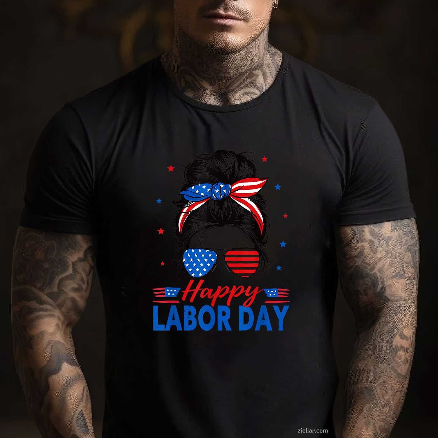 Messy Bun Labor Day USA Flag T-Shirt Tee for Men Women Adults Unisex