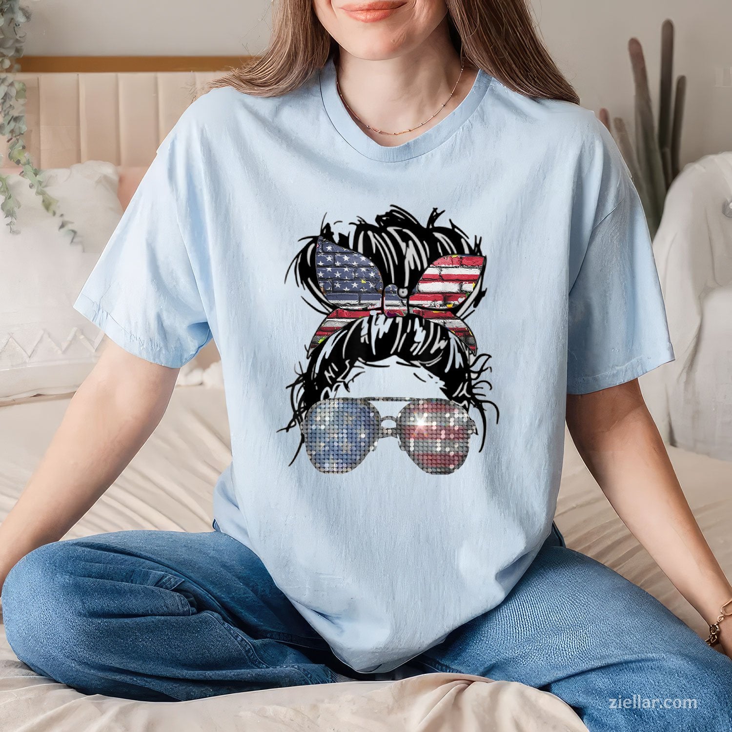 Messy Bun American Flag Glasses 4th of July Patriotic TShirt