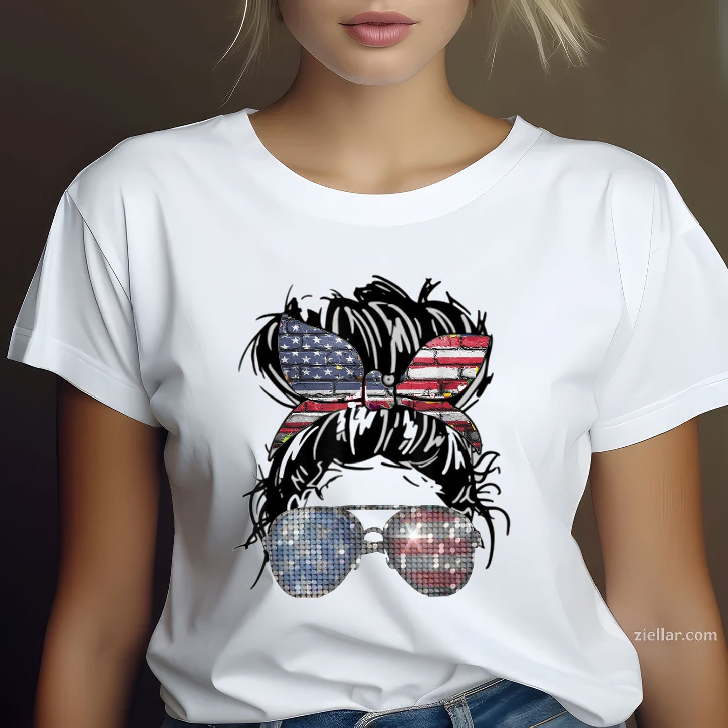 Messy Bun American Flag Glasses 4th of July Patriotic TShirt