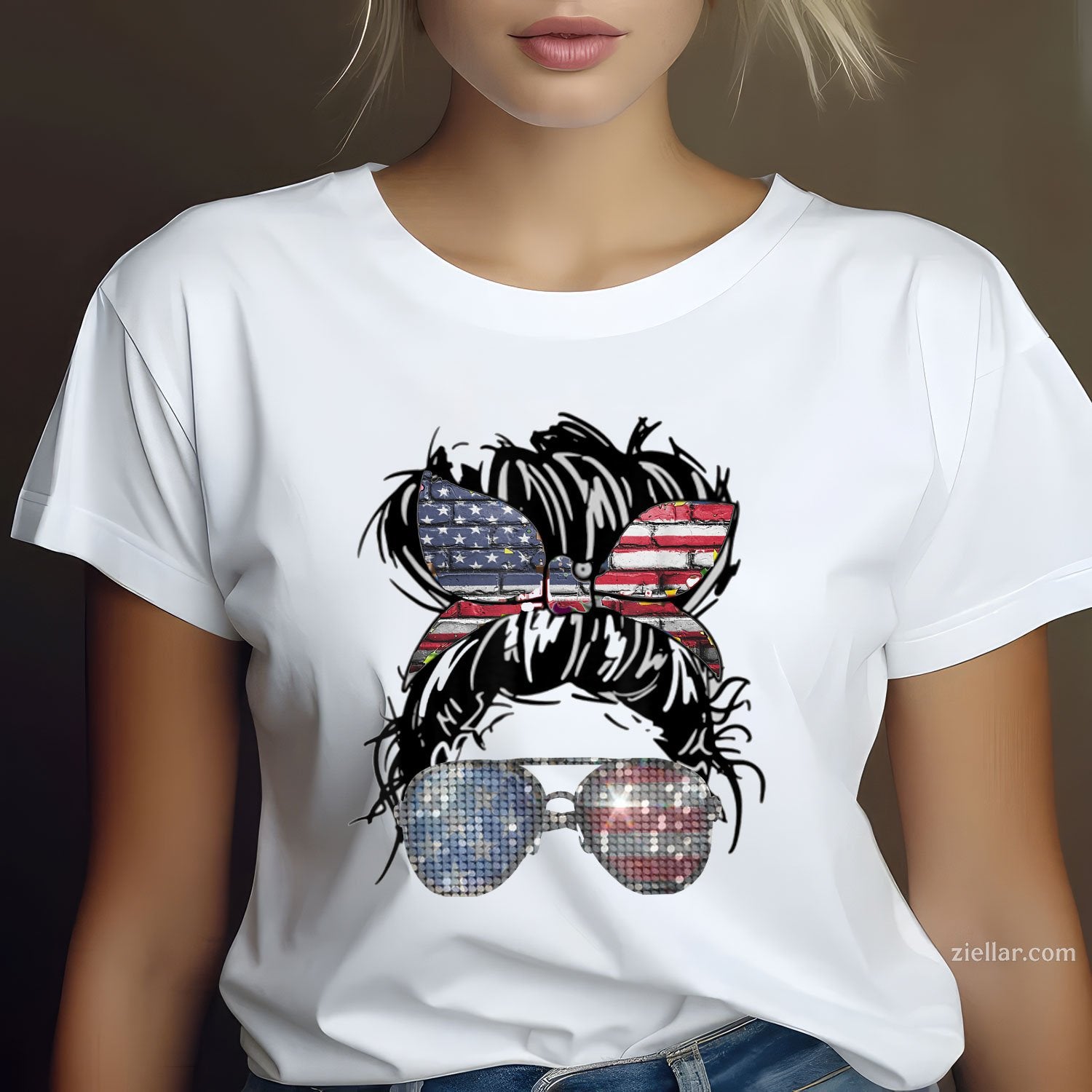 Messy Bun American Flag Glasses 4th of July Patriotic TShirt