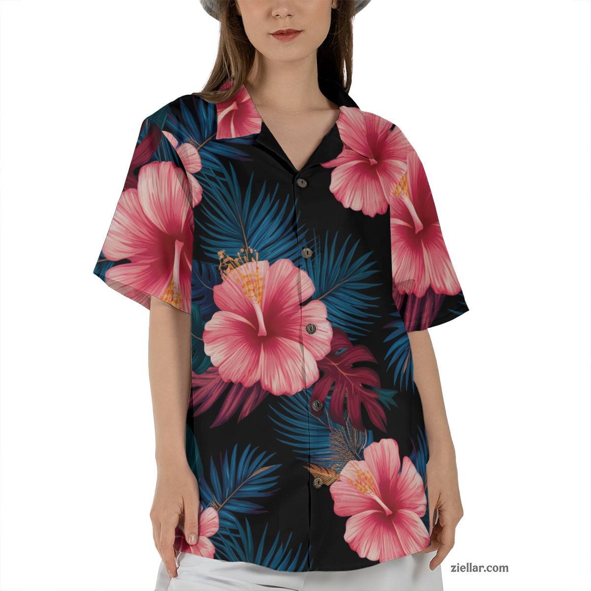 Midnight Bloom Hawaiian Shirt Tee, Tropical Hibiscus Aloha Shirt for Adults