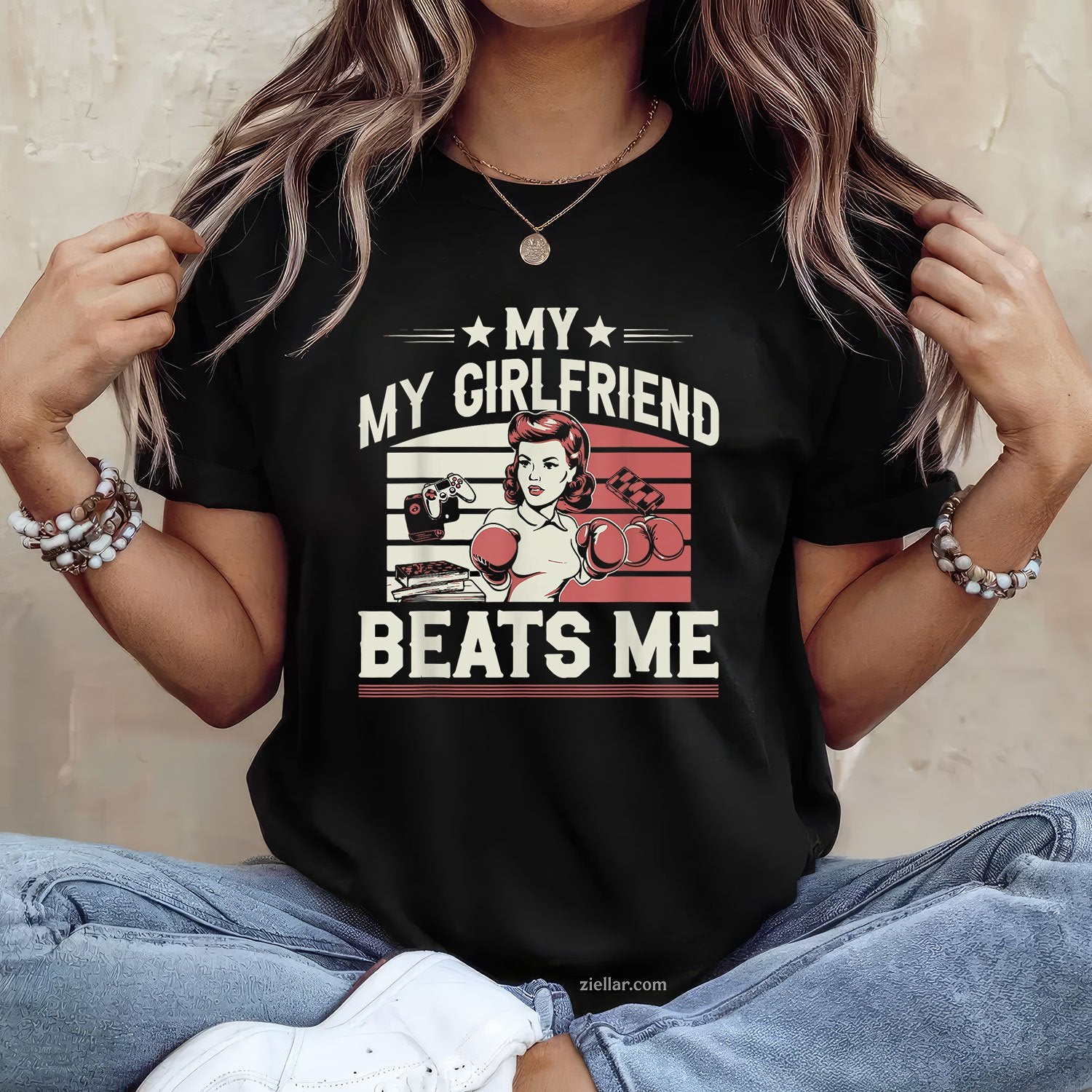 My Girlfriend Beats Me Funny Graphic Design For Men Tee and T-Shirt, Funny Relationship Gift T-Shirt for Couples and Adults