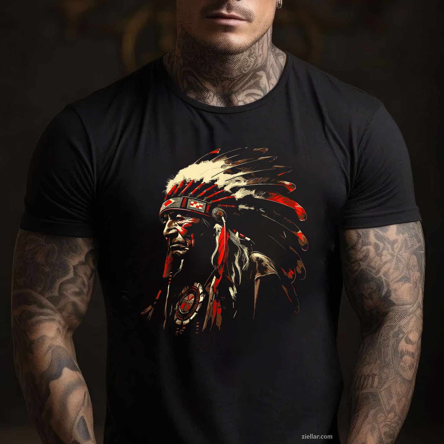Native American Indian And Wolf Feathers Chief Art T-Shirt And Tee For Adults