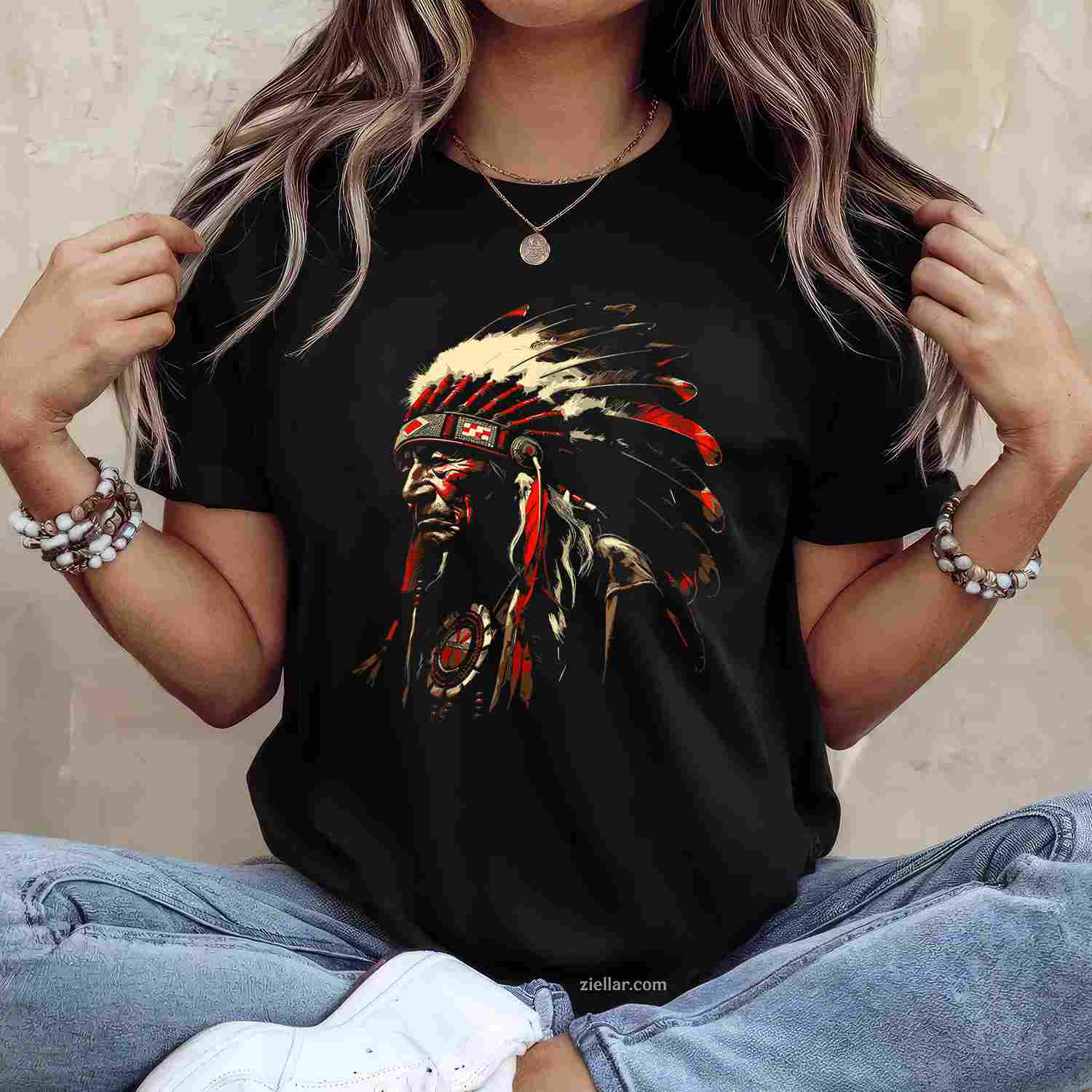 Native American Indian And Wolf Feathers Chief Art T-Shirt And Tee For Adults