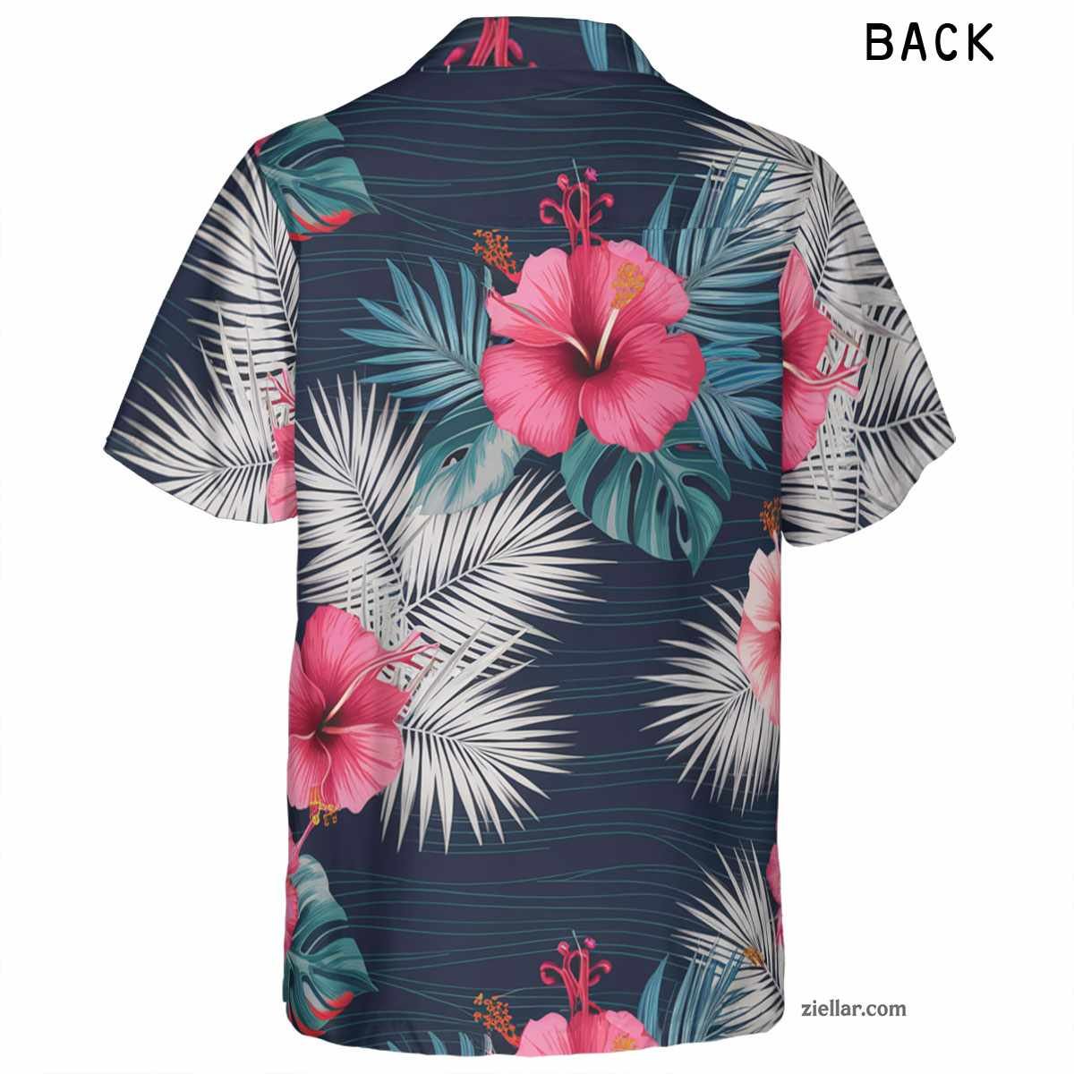 Navy Blue Tropical Hawaiian Shirt Tee, Palm Leaf Aloha Summer Vacation