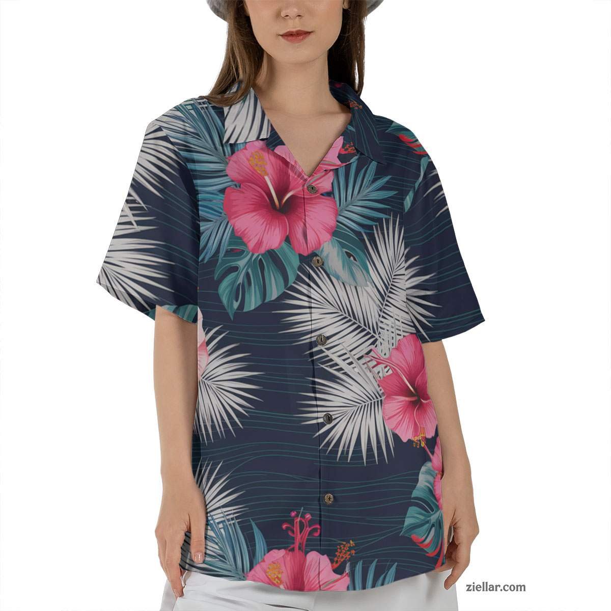 Navy Blue Tropical Hawaiian Shirt Tee, Palm Leaf Aloha Summer Vacation