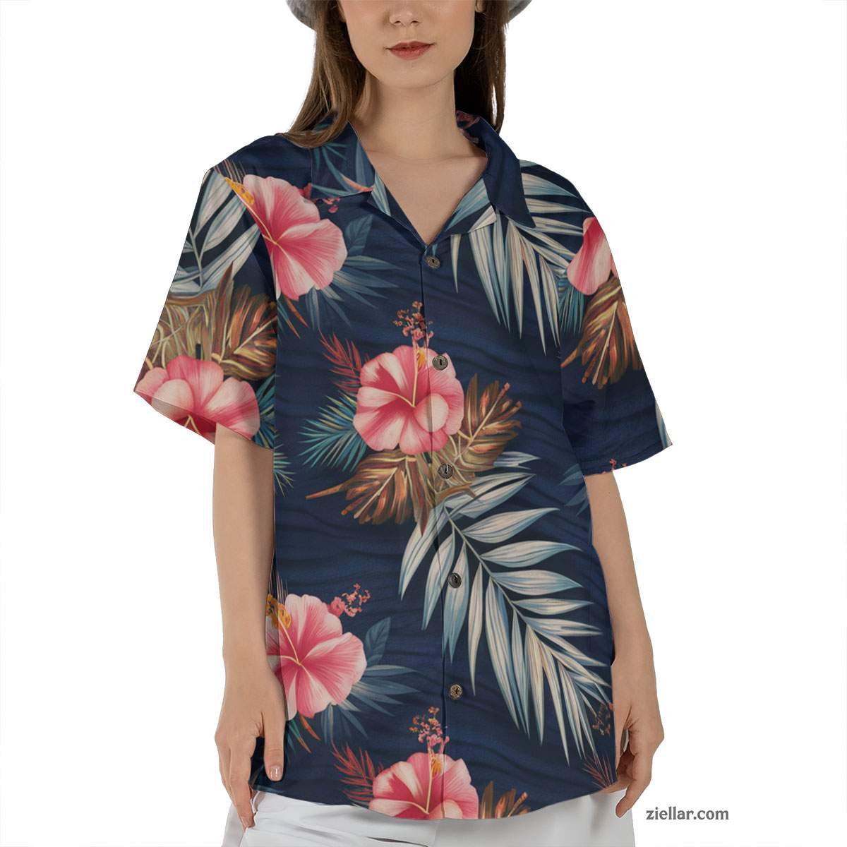 Navy Floral Paradise Hawaiian Shirt Tee, Seamless Aloha Tropical Vacation Shirt