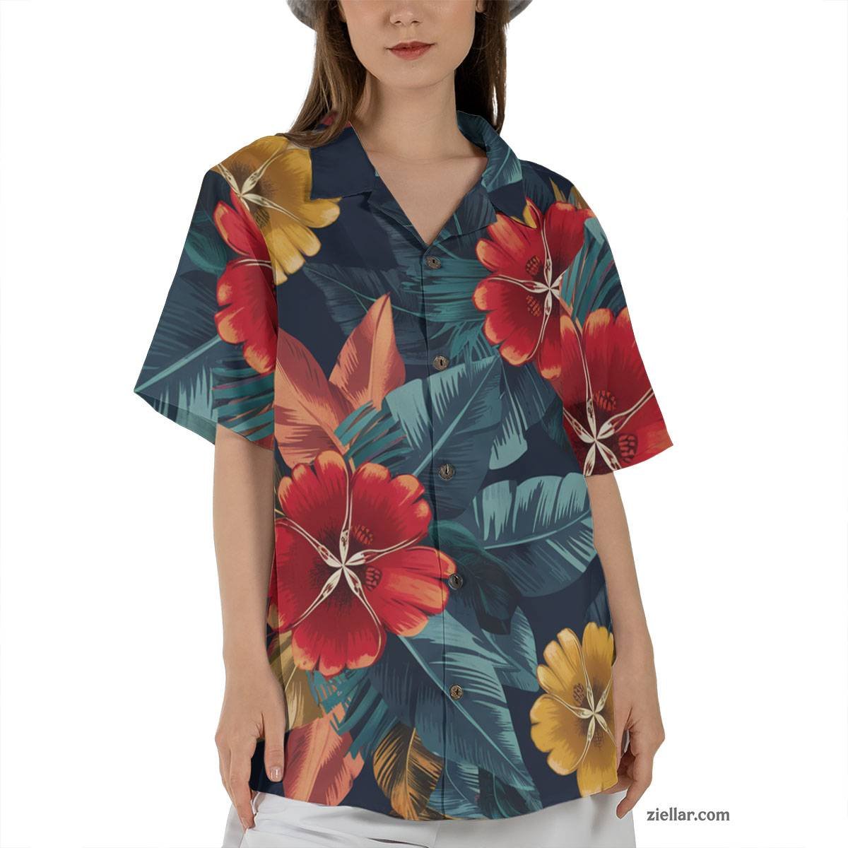 Navy Hawaiian Shirt Tee with Tropical Flowers, Summer Beach Gift Unisex