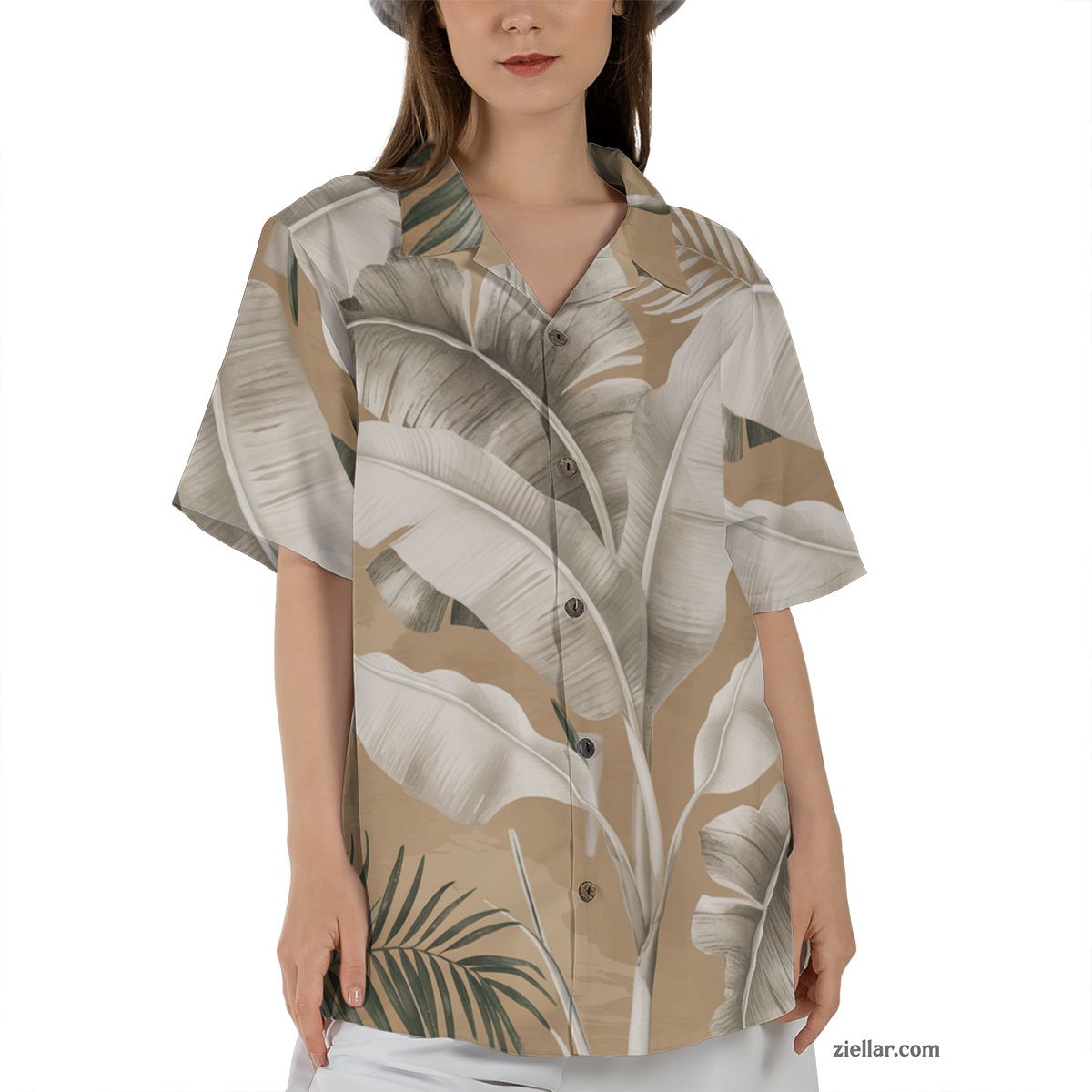 Neutral Tropical Leaves Hawaiian Shirt and Tee, Stylish Vacation Wear