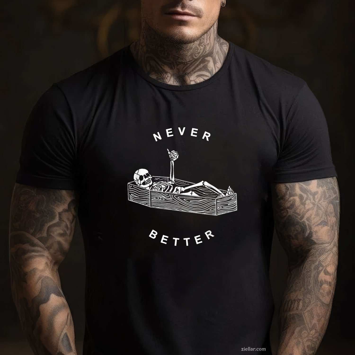 Never Better Skull Skeleton In The Coffin Halloween Tee, Halloween T-Shirt for Men Women Adults Unisex, Classic Fit Unisex Design, Everyday Wear Essential