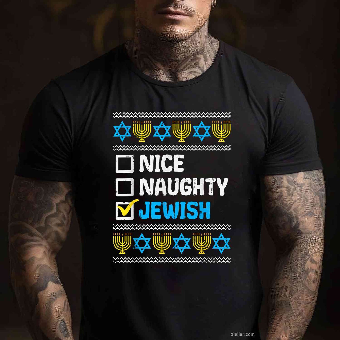 Nice Naughty Jewish Ugly Hanukkah Sweater Chanukah Jew Gift Short Sleeve T-Shirt_ Humorous Holiday Tee