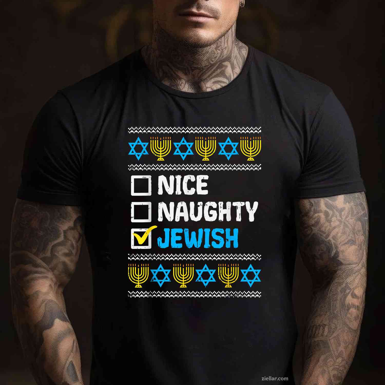 Nice Naughty Jewish Ugly Hanukkah Sweater Chanukah Jew Gift Short Sleeve T-Shirt_ Humorous Holiday Tee