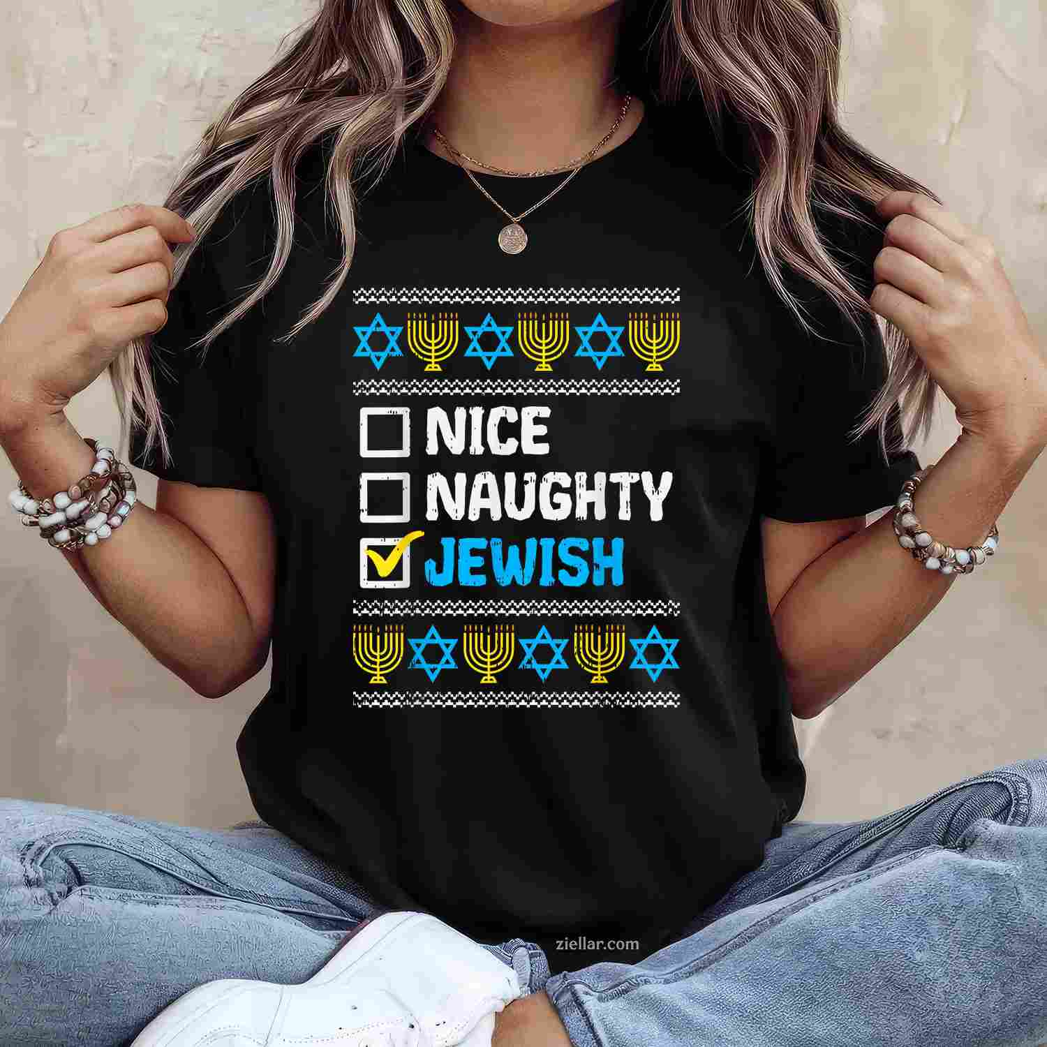 Nice Naughty Jewish Ugly Hanukkah Sweater Chanukah Jew Gift Short Sleeve T-Shirt_ Humorous Holiday Tee