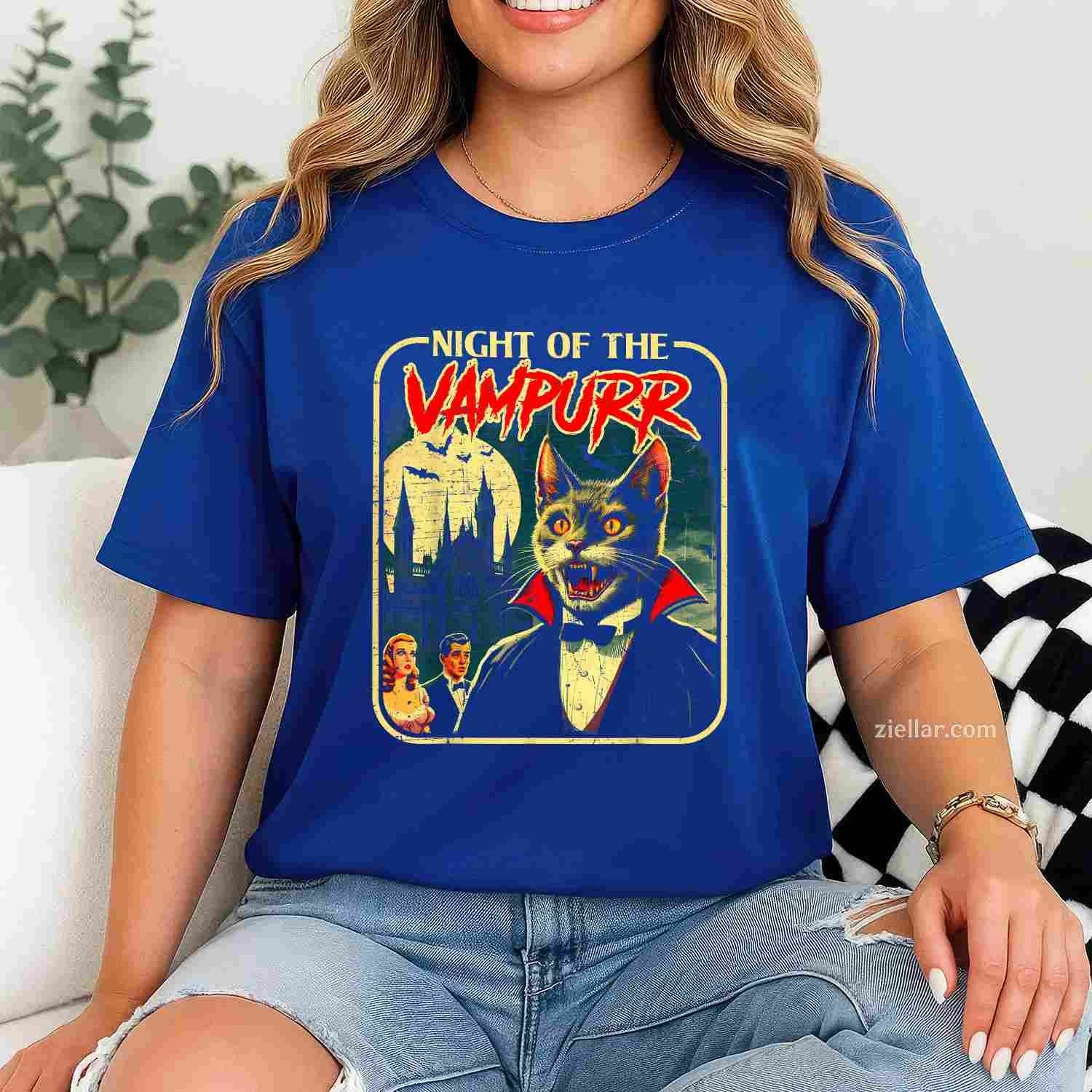 Night of the Vampurr Funny Cat Halloween Tee, Halloween T-Shirt for Men Women Adults Unisex, Trendy Graphic Apparel, Unique Gift Idea